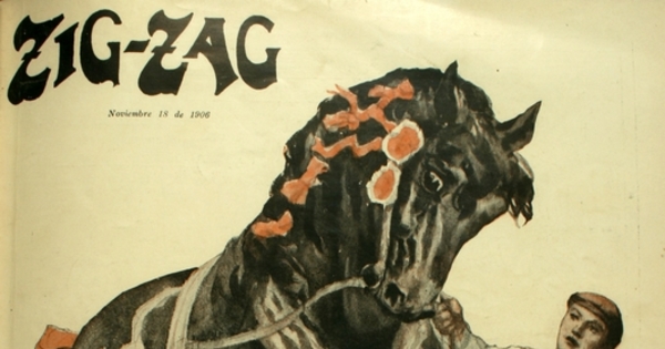 Dibujo: jinete caminando junto a su caballo, portada Zig-Zag
