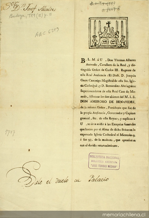 B. L. M. á U. Don Thomas Albarez Acevedo, Cavallero de la Real, y distinguida Orden de Carlos III ... : el doct. Don Joaquin Gaete ... y don Bernardino Altolaguirre ..., albaceas los dos ultimos del M.I.S. don Ambrosio de Benavides, de la misma Orden ... y suplican a U. se sirva asistir a las exequias funerales ...