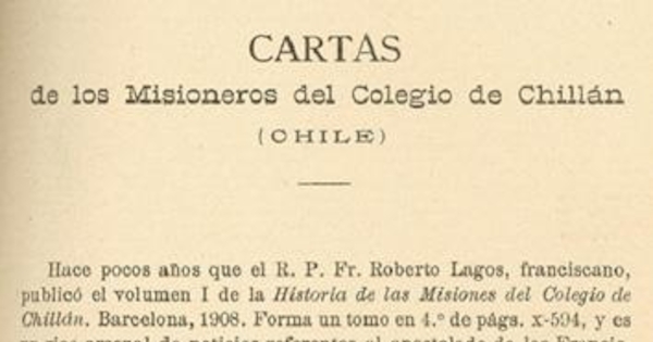 Cartas de los misioneros del Colegio de Chillán (Chile)