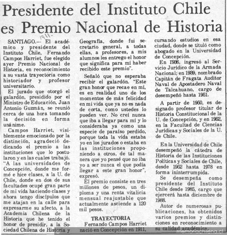 Presidente del Instituto Chile es Premio Nacional de Historia