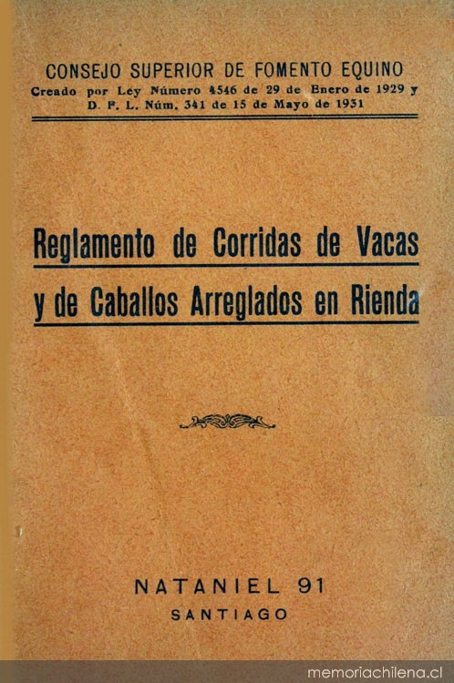 Reglamento de corridas de vacas y de caballos arreglados de rienda