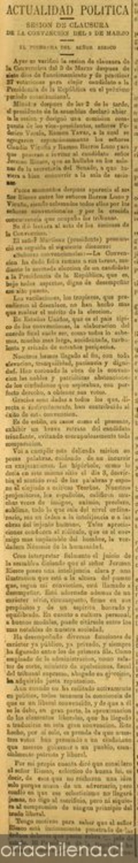 Actualidad política: Sesión de clausura de la convención del 8 de marzo. El programa del señor Riesco