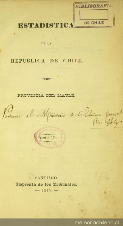 Estadística de la República de Chile: provincia del Maule : tomo I