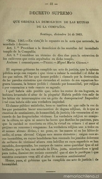 Decreto supremo que ordena la demolición de las ruinas de la Compañía: 14 diciembre de 1863