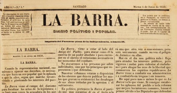 La Barra : diario politico i popular: año 1, no. 1-175, 4 junio 1850 a 19 abril 1851