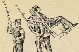 Silla de H. Alter usada para el transporte de heridos por montañas, terrenos pedregosos, por caminos cubiertos con nieve o hielo, ca. 1897