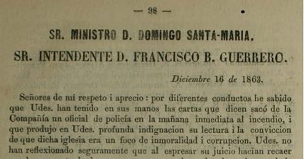Sr. Ministro D. Domingo Santa María, Sr. Intendente D. Francisco B. Guerrero: 16 de diciembre, 1863
