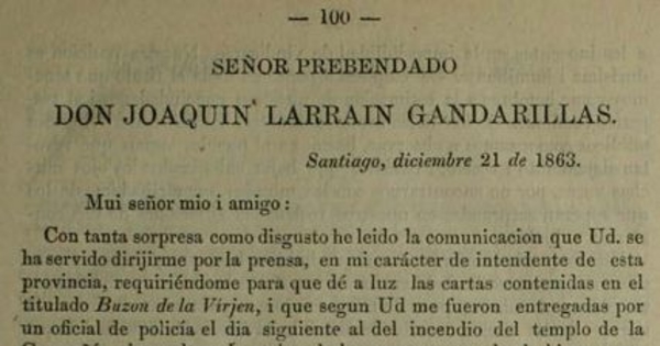 Señor prebendado don Joaquín Larraín Gandarillas. 21 de diciembre de 1863