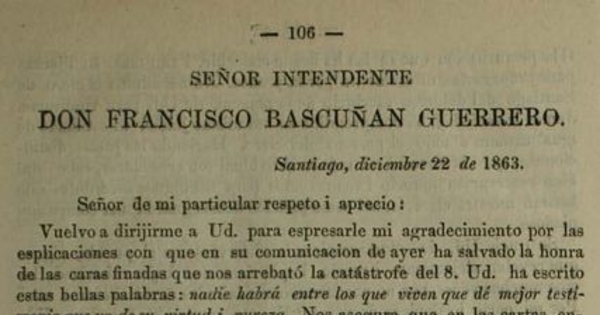Sr. Intendente don Francisco Bascuñán Guerrero. 22 de diciembre, 1863