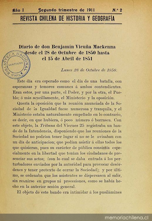 Diario de Don Benjamín Vicuña Mackenna desde el 28 de octubre de 1850 hasta el 15 de abril de 1851: [primera parte]