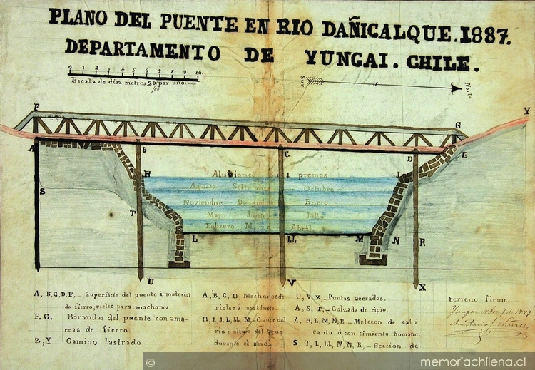 Plano de puente en río Dañicalque, Departamento de Yungay, Chile, 1887