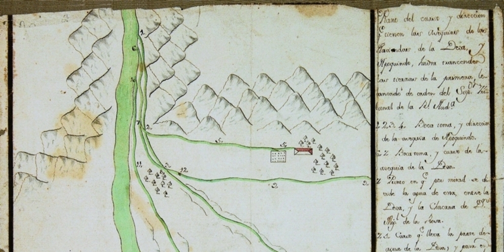 Plano del curso y dirección de las aguas del río Mapocho y de las acequias de La Dehesa y Apoquindo, Santiago, 1781
