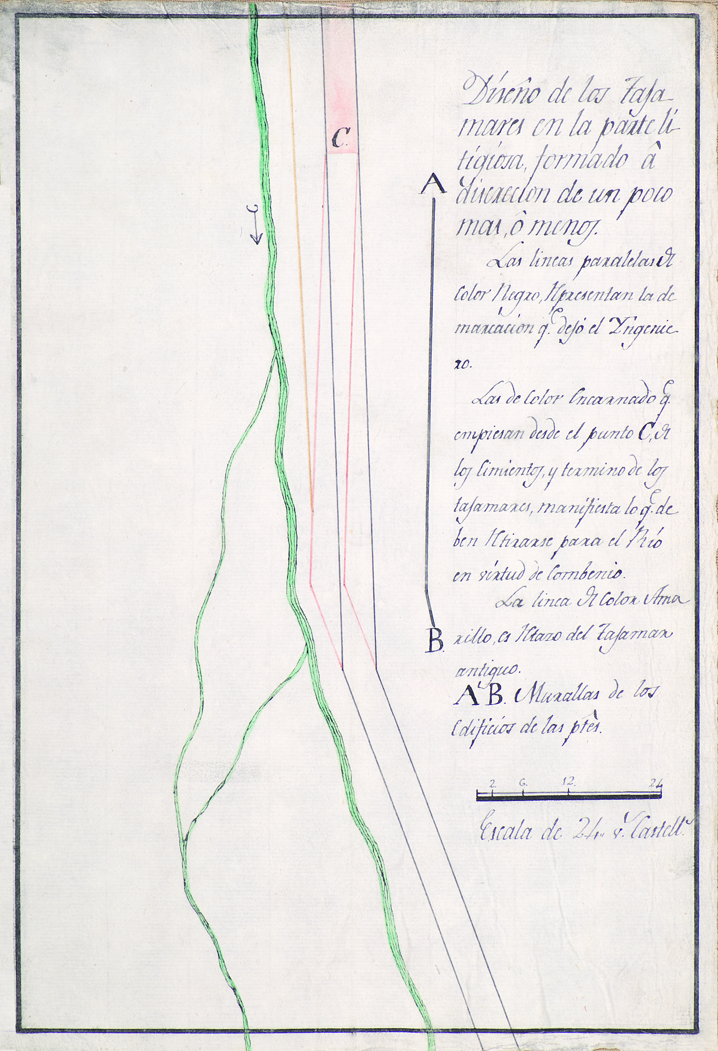 Diseño de los tajamares en la parte litigiosa formado a discrecion de un poco mas o menos, 1802