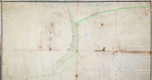 Plano de la manzana comprendida entre calles Miraflores, Huérfanos, Claras (Mac-Iver) y Agustinas, con sus acequias, Santiago, 1806