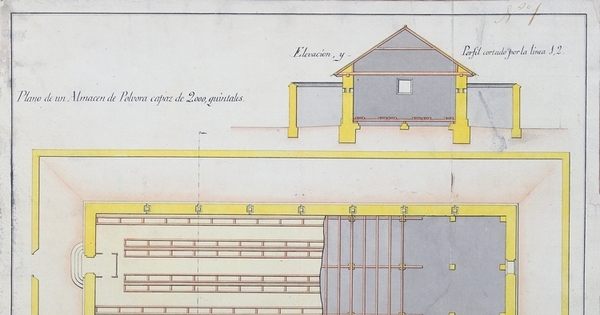 Plano de un almacén de pólvora capaz 2.000 quintales, Santiago, 1810
