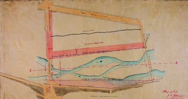 Plano del sector de los puentes de Purísima y Loreto, Santiago, 1883