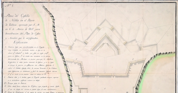 Plano del castillo de Niebla en el puerto de Valdivia aprovado por S.M. en 6 de marzo de 1761 para demostracion del plan de costos y auxilios que le corresponden