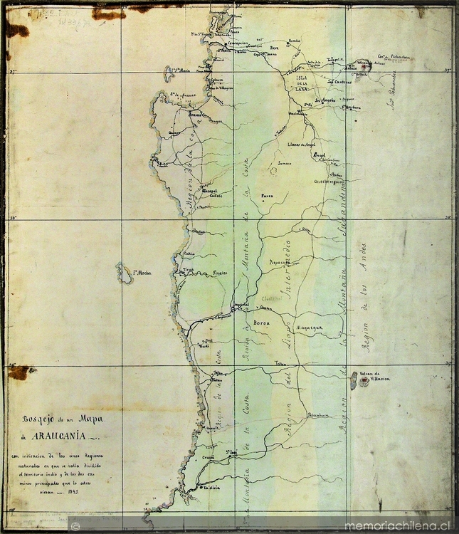 Bosquejo de un mapa de Araucania con indicacion de las cinco regiones naturales en que se halla dividido el territorio indio y de los dos caminos principales que lo atraviesan, 1845
