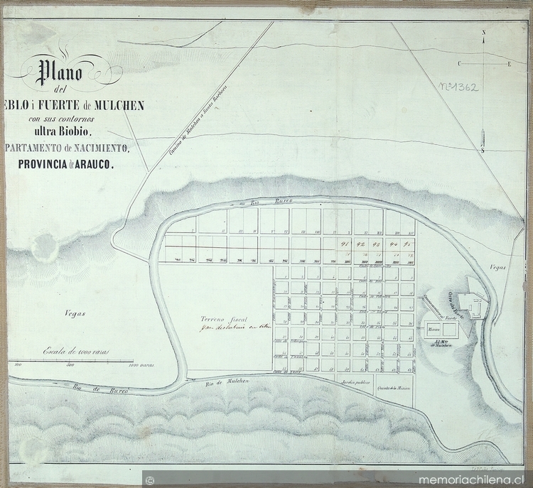 Plano del pueblo i fuerte de Mulchén con sus contornos ultra Bíobío, Departamento de Nacimiento, provincia de Arauco, 1860