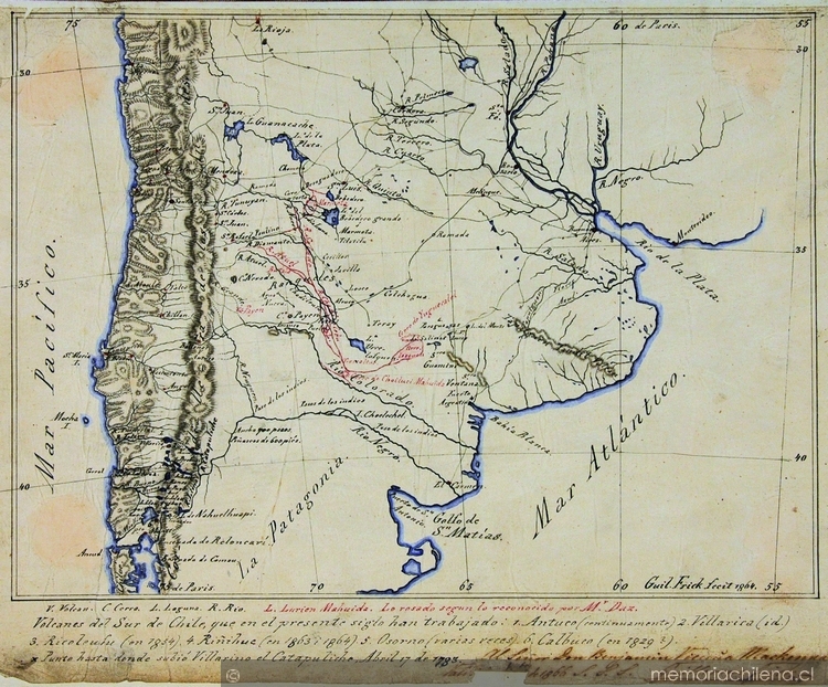 Mapa físico de Chile y Argentina desde el paralelo 305 hasta el 455, aproximadamente, 1864