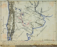 Mapa físico de Chile y Argentina desde el paralelo 305 hasta el 455, aproximadamente, 1864