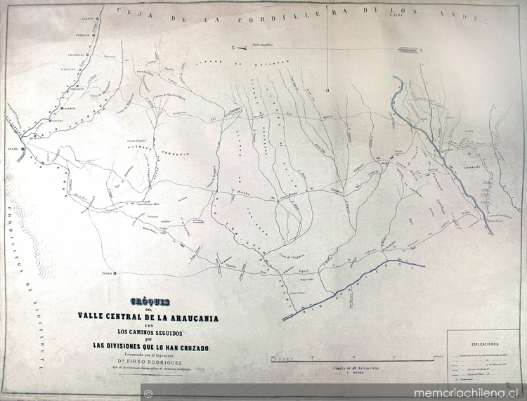 Croquis del valle central de la Araucanía con los caminos seguidos por las divisiones que lo han cruzado, 1869