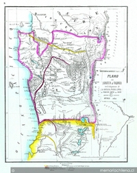 Plano de Arauco i Valdivia con la designacion de la antigua i nueva linea de frontera contra los indios, 1870