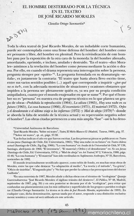 El hombre desterrado por la técnica en el teatro de José Ricardo Morales