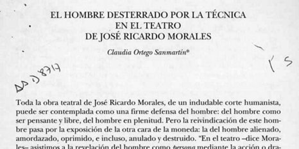 El hombre desterrado por la técnica en el teatro de José Ricardo Morales