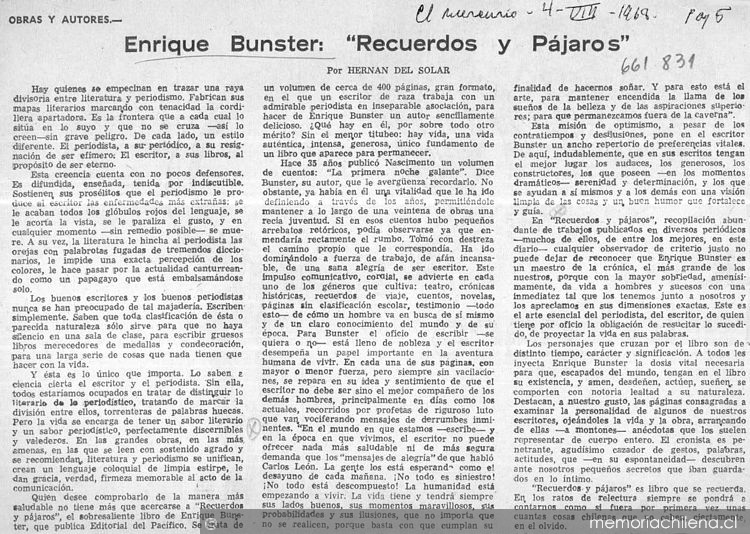 Enrique Bunster, "Recuerdos y pájaros"