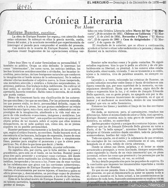 Crónica literaria: Enrique Bunster, escritor