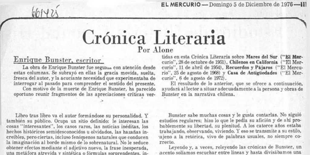 Crónica literaria: Enrique Bunster, escritor