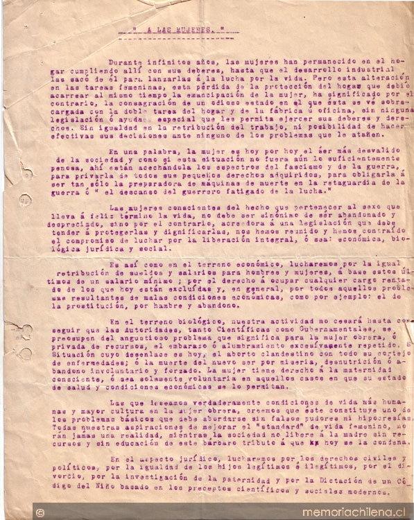 Correspondencia de la Secretaria General del Movimiento Pro-Emancipación de las Mujeres de Chile (MEMCH), Elena Caffarena, 1935