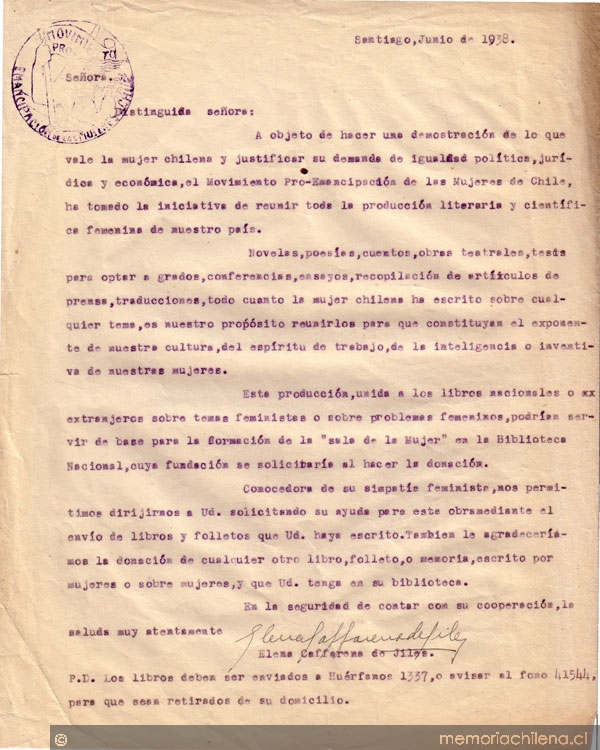 Correspondencia de la Secretaria General del Movimiento Pro-Emancipación de las Mujeres de Chile (MEMCH), Elena Caffarena, junio-julio, 1938