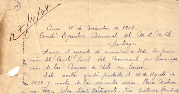 Correspondencia de la Secretaria General del Movimiento Pro-Emancipación de las Mujeres de Chile (MEMCH), Elena Caffarena, noviembre-diciembre, 1938
