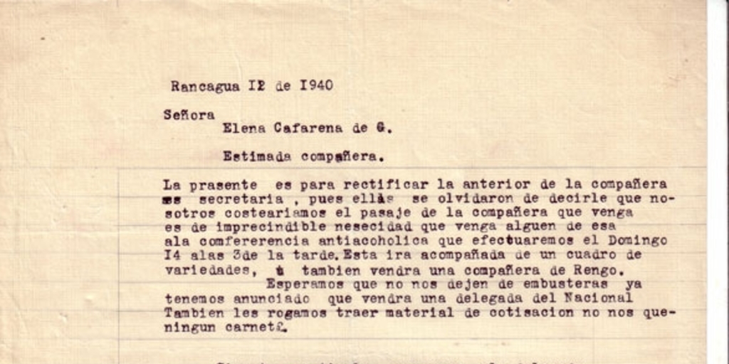 Correspondencia de la Secretaria General del Movimiento Pro-Emancipación de las Mujeres de Chile (MEMCH), Elena Caffarena, 1940