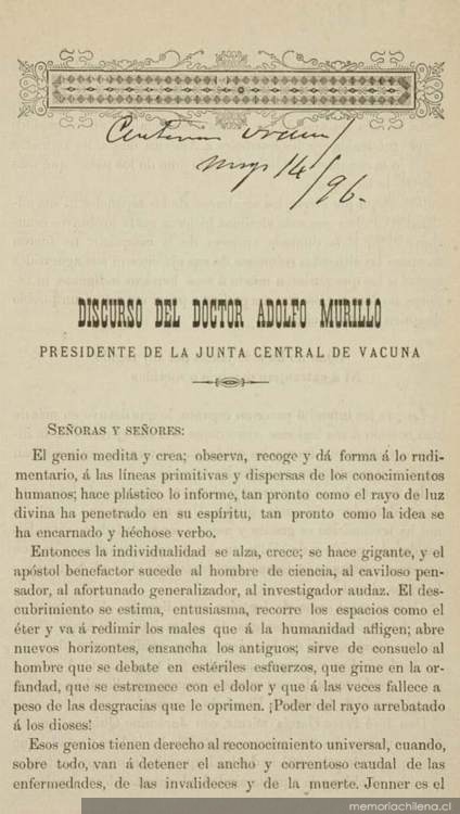 Discurso del doctor Adolfo Murillo Presidente de la Junta Central de Vacuna