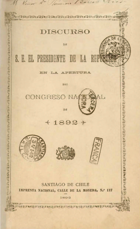 Discurso de S.E. el Presidente de la República en la apertura del Congreso Nacional : 1892-1896