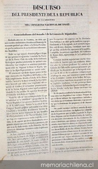 Discurso del Presidente de la República en la apertura del Congreso Nacional de 1847