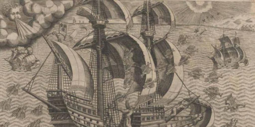 Peces voladores avistados por una nave en las cercanías de la costa americana, siglo XVI