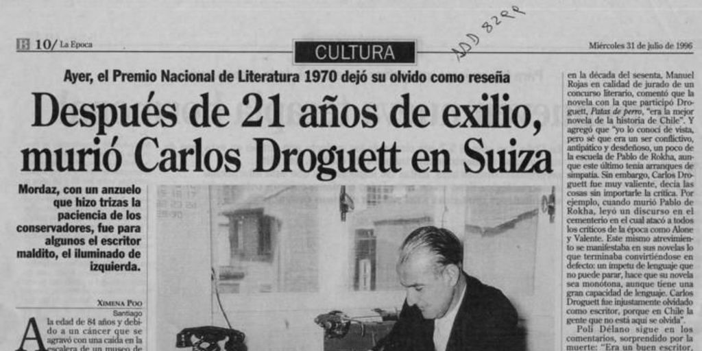 Después de 21 años de exilio, murió Carlos Droguett en Suiza