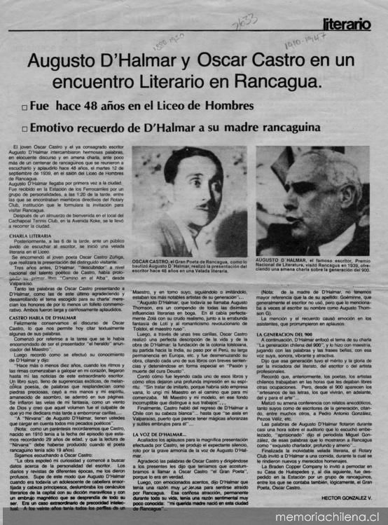 Augusto D'Halmar y Óscar Castro en un encuentro literario en Rancagua