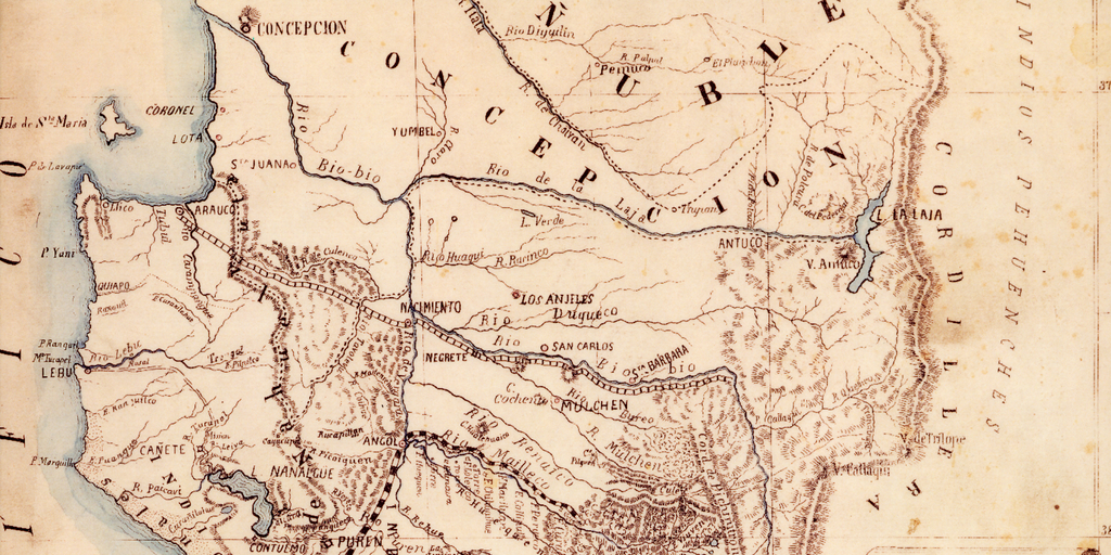 Plano de Arauco y Valdivia con la designación de la antigua i nueva línea de frontera contra los indios : 1870