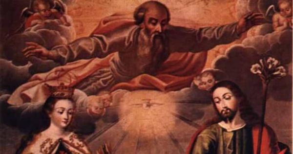Dios Padre y la Sagrada Familia con Santa Teresa y San Agustín