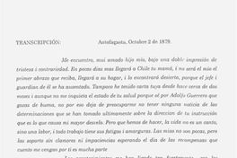 Carta, 1879 oct. 2, Antofagasta a Salvador Vergara, Ginebra