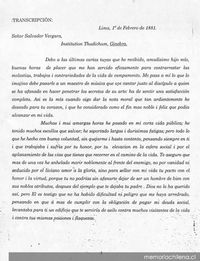 Carta, 1881 feb. 1, Lima a Salvador Vergara, Ginebra
