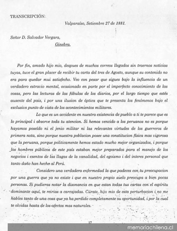 Carta, 1881 set. 27, Valparaíso a Salvador Vergara, Ginebra