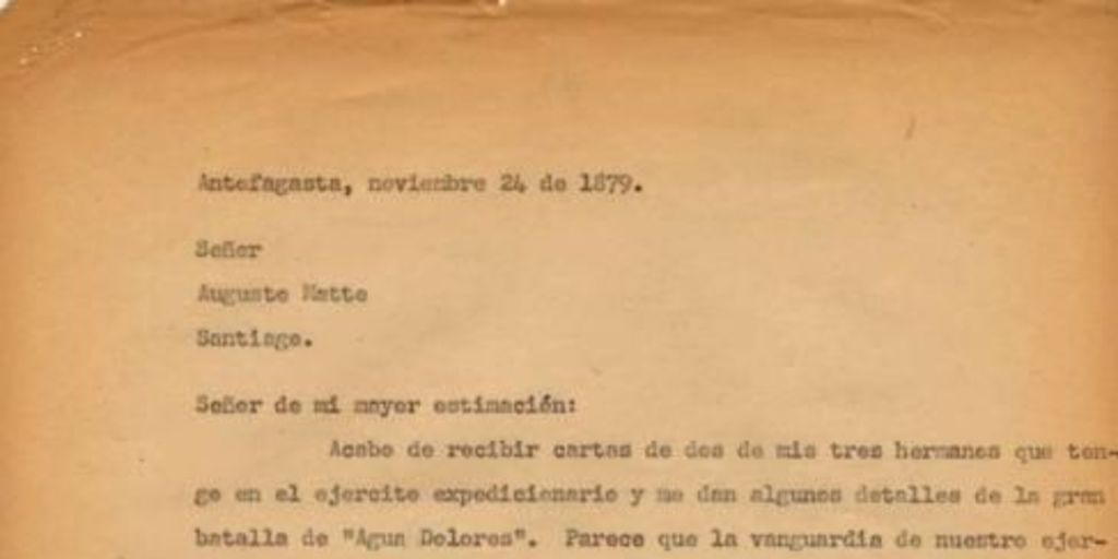 Carta, 1879 nov. 24, Antofagasta a Augusto Matte, Santiago, Chile
