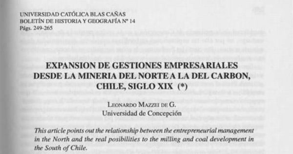 Expansión de gestiones empresariales desde la minería del norte a la del carbón : Chile : siglo XIX