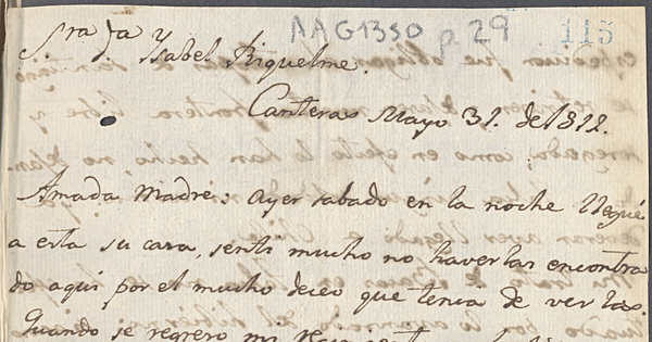 Carta 1812 May. 31, Canteras, a Sra. Da. Isabel Riquelme